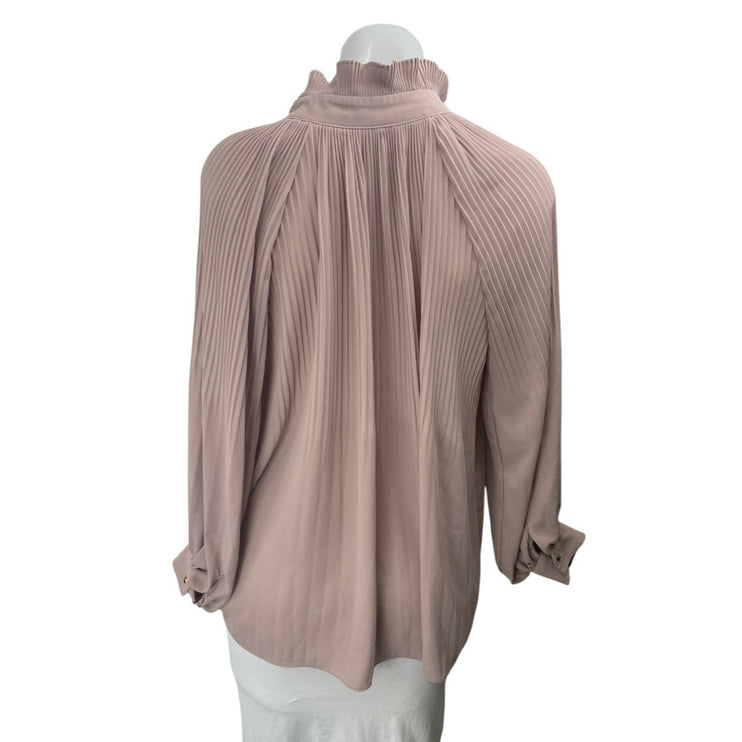 Ku's Women's Brown Tan Pleated Tie Neck Ruffle Collar Long Sleeve Blouse Top L
