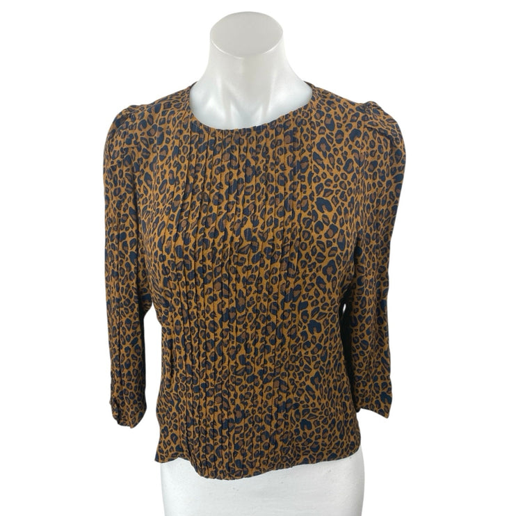 Zara Women's Tan Leopard Animal Long Puff Sleeve Pleated Blouse Top Size XS