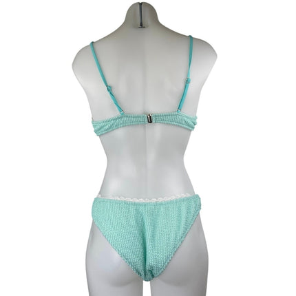 Women's Green Textured Lace Trim Two Piece Swimsuit Swimwear Bikini Set Size M