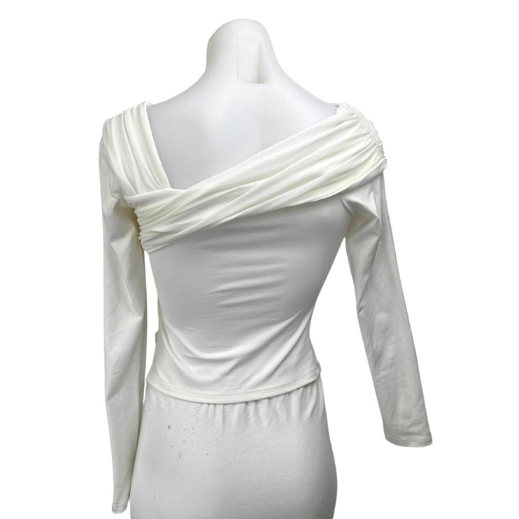 Princess Polly Women's White Long Sleeve Drape Pleated Crop Blouse Top Size 4