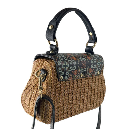 Women's Multicolor Boho Woven Straw Faux Leather Handle Crossbody Handbag OS