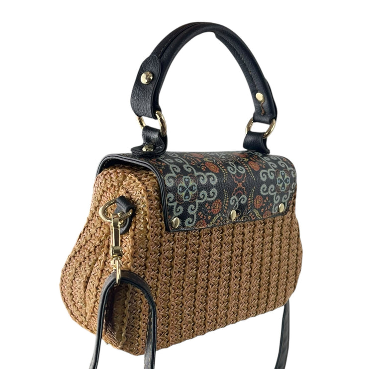 Women's Multicolor Boho Woven Straw Faux Leather Handle Crossbody Handbag OS