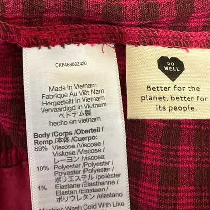 Madewell Red Long Sleeve Plaid Crinkle V Neck Tie Peplum Blouse Top Size XL