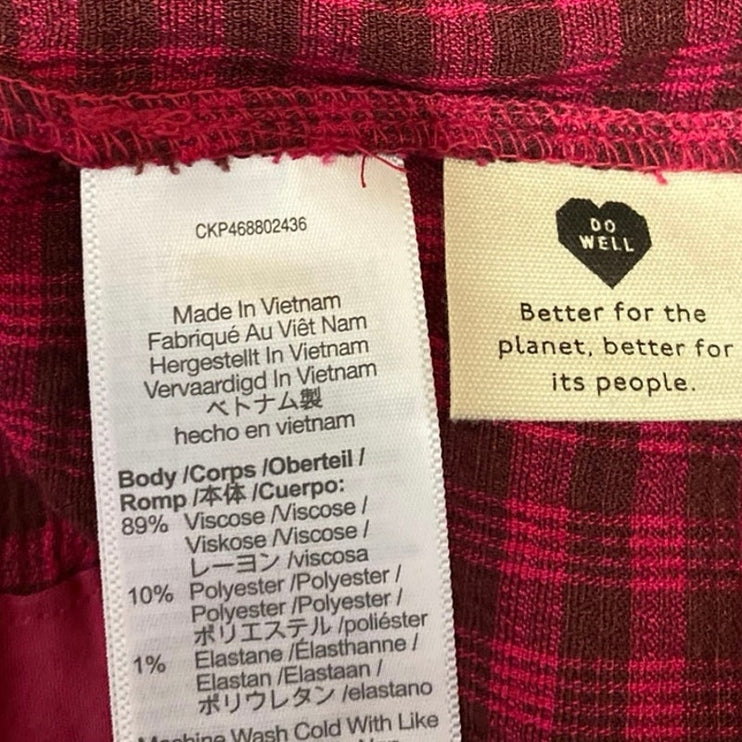 Madewell Red Long Sleeve Plaid Crinkle V Neck Tie Peplum Blouse Top Size XL
