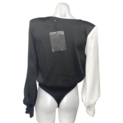Peace + Love Black White Silk Satin Long Sleeve Plunge Colorblock Bodysuit Top 2