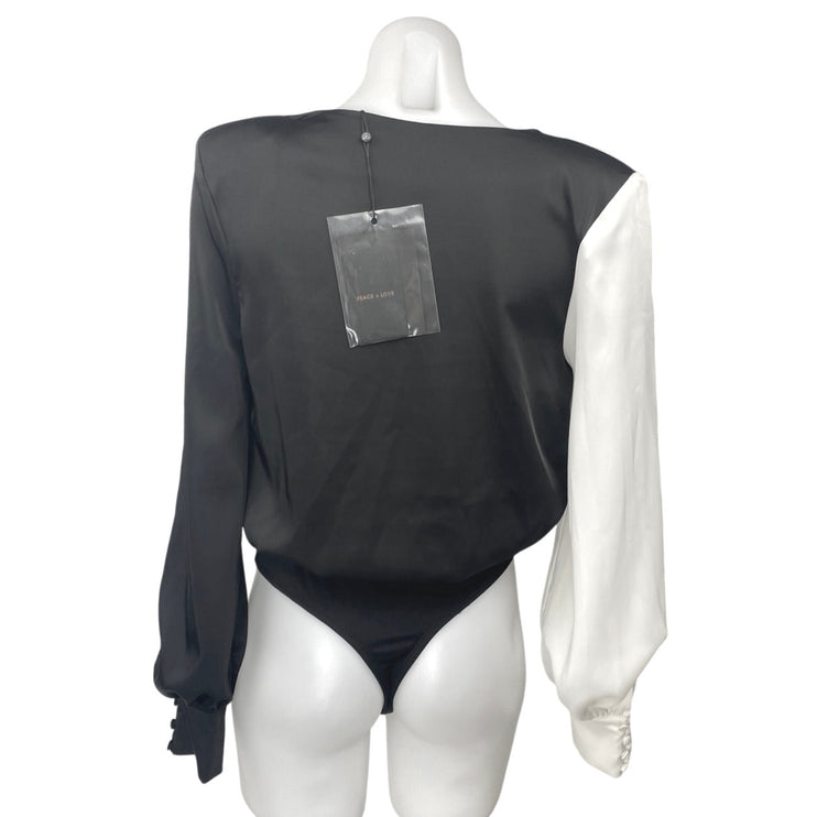 Peace + Love Black White Silk Satin Long Sleeve Plunge Colorblock Bodysuit Top 2