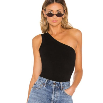 Cotton Citizen Brisbane Women's Black One Shoulder Sleeveless Bodysuit Top Sz L