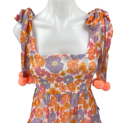 NEW Sundress Pippa Orange Sleeveless Pom Pom Smocked Mini Fit & Flare Dress XS