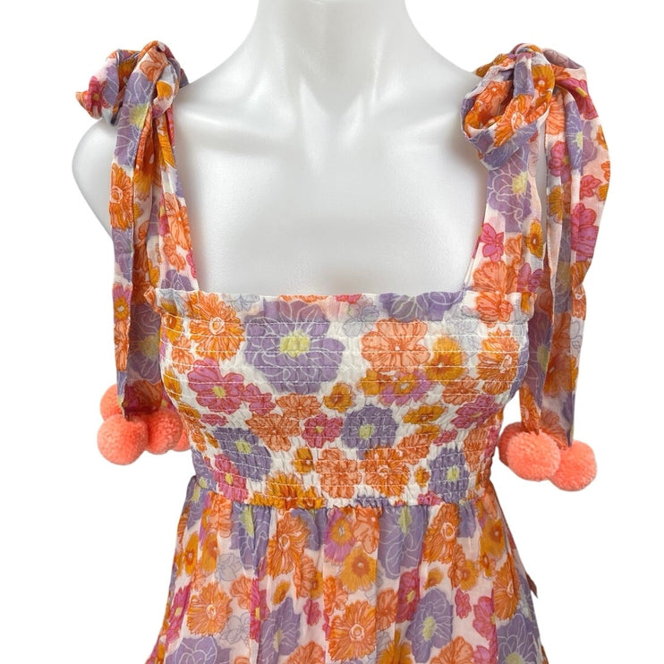 NEW Sundress Pippa Orange Sleeveless Pom Pom Smocked Mini Fit & Flare Dress XS