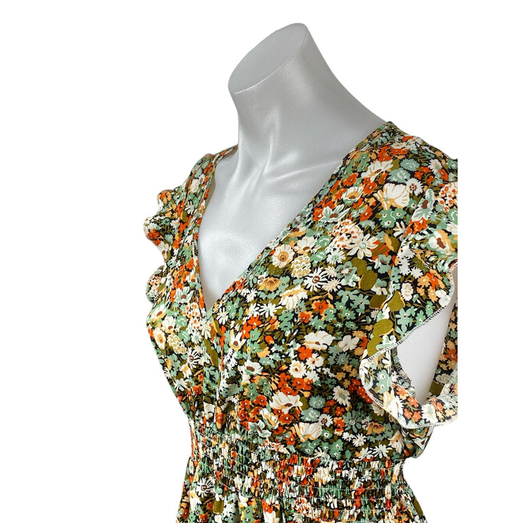 NEW Lulus Multicolor Floral Smocked V Neck Flutter Sleeve Maxi A-Line Dress Sz M