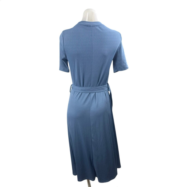 Cider Women's Blue Ribbed Knit Belted Short Sleeve Midi Flare A-Line Dress Sz XS