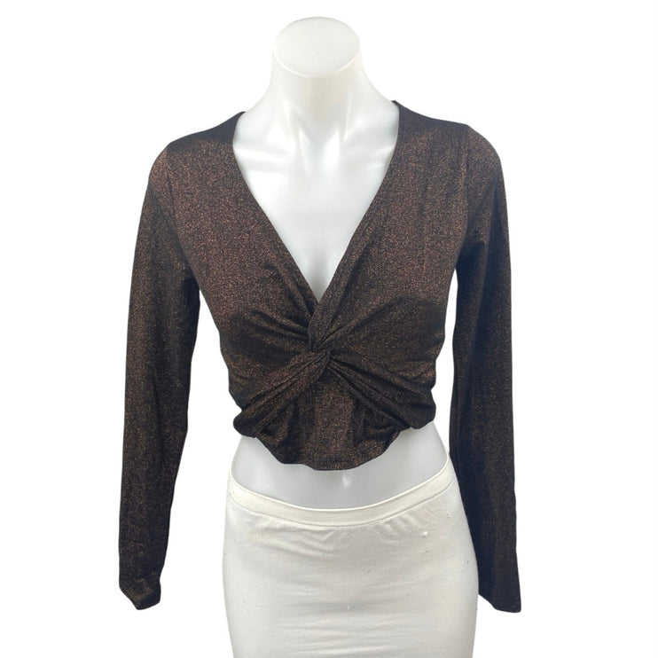 Abercrombie & Fitch Black Metallic Glitter Sparkly Long Sleeve Twist Crop Top S