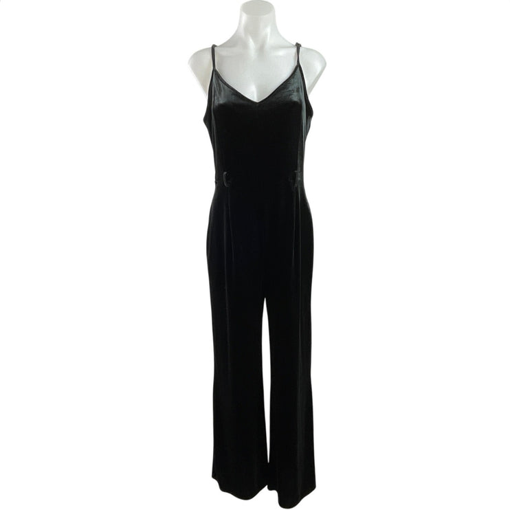 Forever 21 Black Velvet Sleeveless Belted V Neck Wide Leg Tank Romper Jumpsuit L