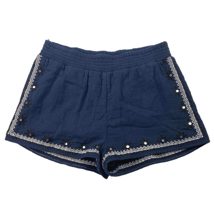 Miami Navy Blue Embroidered Sequin Detail Elastic Waist Pull On Shorts Size S