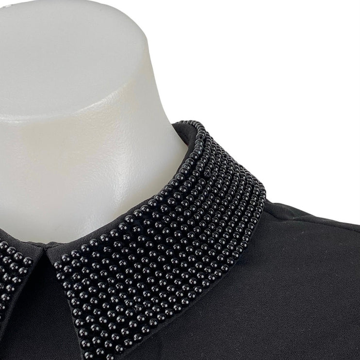 Catherine Malandrino Women's Black Beaded Collar Short Cap Sleeve Blosue Top XS