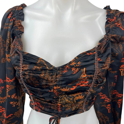 Urban Outfitters Caroleena Black Orange Ruched Puff Sleeve Blouse Crop Top Sz M