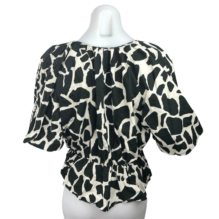 Zara Black White Animal Print V-Neck Short Sleeve Peplum Pullover Blouse Top M