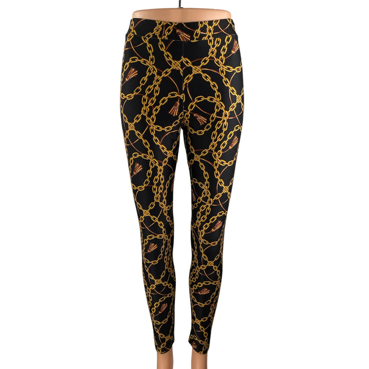 Zara Women's Black Gold Chain Print High Waisted Casual Leggings Pants Size S