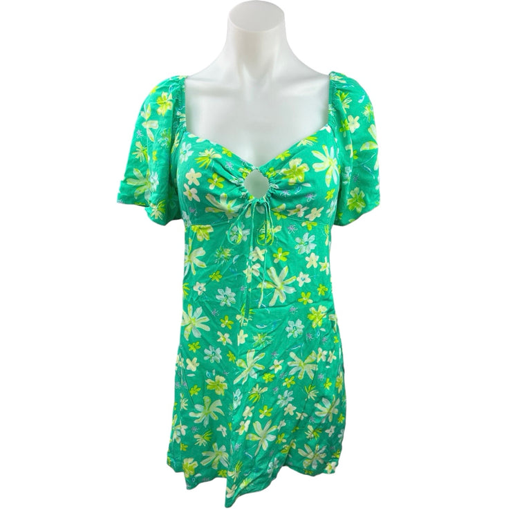 Primark Cares Green Yellow Keyhole Floral Tropical Shift Mini Dress Size 8