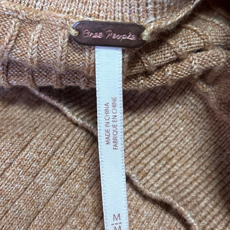 Free People Tan Rib Knit Stretch Knee Length Pencil Wrap Sweater Skirt Size M