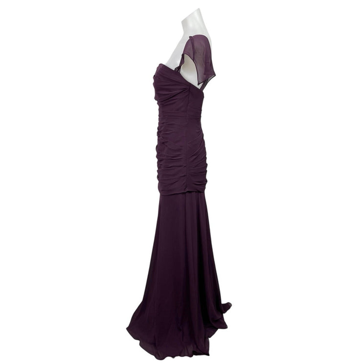 Watters & Watters Purple Short Sleeve Ruched Bridesmaid Maxi Gown Dress Size M