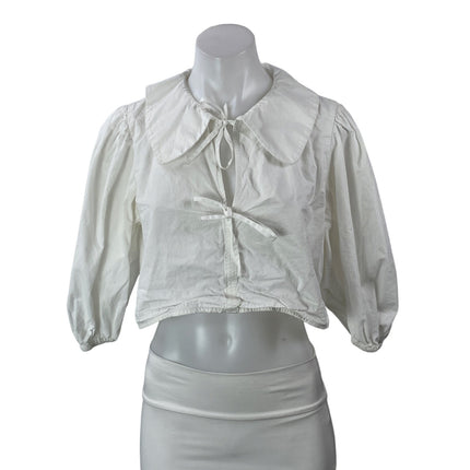 Zara Women's White Tie Bow Collared Long Sleeve Blouse Cropped Shirt Top Size M