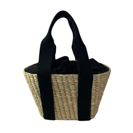 NEW LOFT Tan Black Woven Straw Canvas Straps Basket Tote Handbag One Size