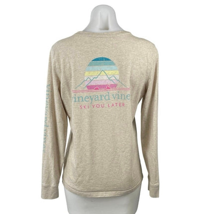 Vineyard Vines Beige Graphic Long Sleeve Chest Pocket Tee Basic T-Shirt Top Sz S
