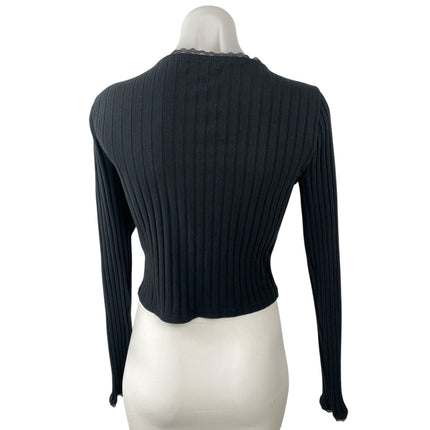 J.Crew Pointelle Black Ribbed Lace Trim Button Down Crop Cardigan Sweater Top S