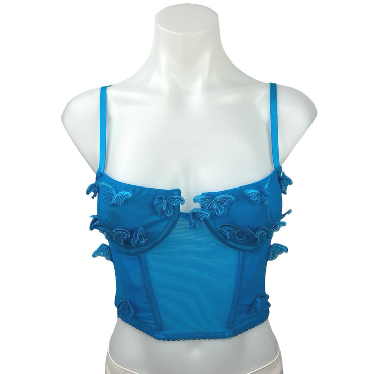 Forever 21 Blue Butterfly Applique Split Scoop Neck Corset Bustier Tank Top Sz S