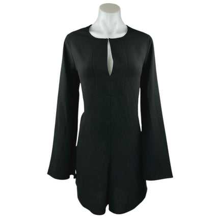 BCBGMaxazria Giulianna Black Long Bell Sleeve Open Back Lace Romper Shorts S