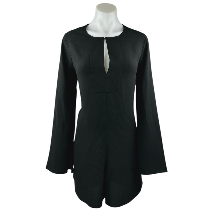 BCBGMaxazria Giulianna Black Long Bell Sleeve Open Back Lace Romper Shorts S