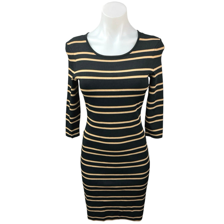 Pink Tartan Black Striped Knit 3/4 Sleeve Crewneck Zip Up Mini Bodycon Dress S