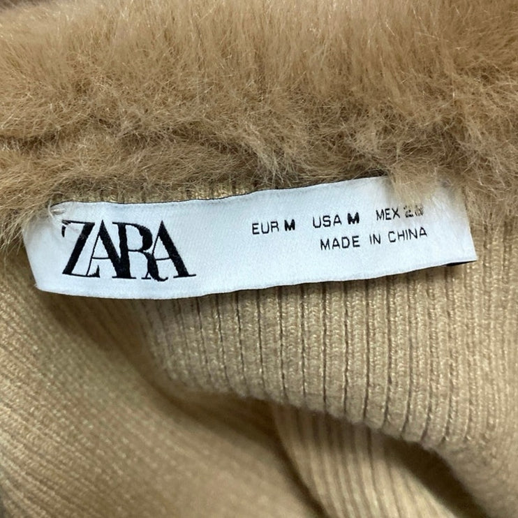 Zara Women's Brown Rib Knit Faux Fur Collar Long Sleeve Crop Sweater Top Size M