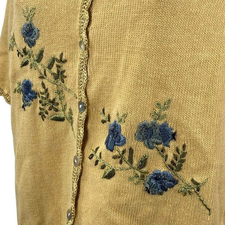 R&K Womens Yellow Floral Embroidered Short Sleeve Button Down Sweater Top Size M