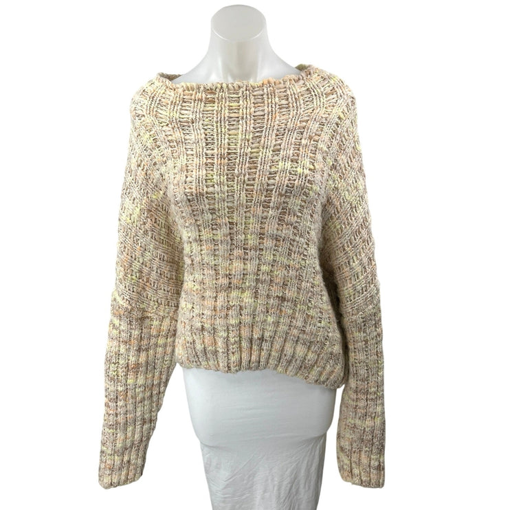 Free People Beige Knit Chunky Long Sleeve Oversized Pullover Sweater Top Size L