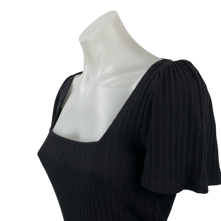 Ann Taylor LOFT Womens Black Short Sleeve Tie Square Neck Knit Blouse Top Size S