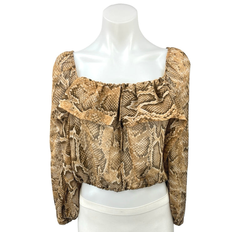 Zara Brown Animal Snake Print Long Sleeve Ruffle Cropped Blouse Top Size S