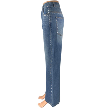 Women's Blue Studded Medium Wash High Waist Flared Bootcut Denim Jeans Pants 28