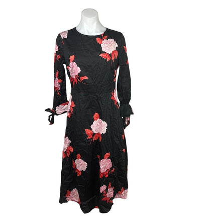 Who What Wear Black Red Cotton Rose Floral Tie Sleeve A Line Midi Dress Size S