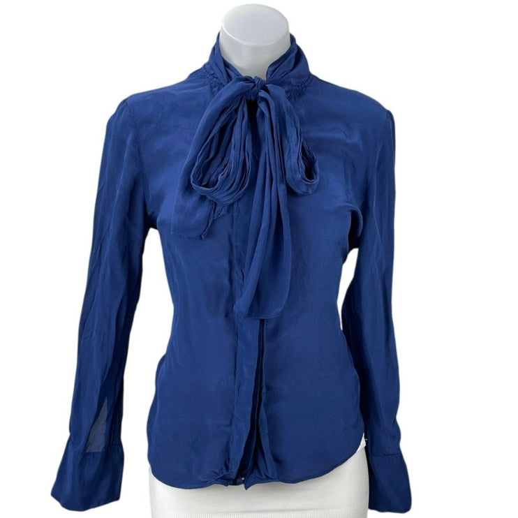 Mango MNG Women's Blue Satin Pussy Bow Tie Neck Long Sleeve Shirt Blouse Top 6