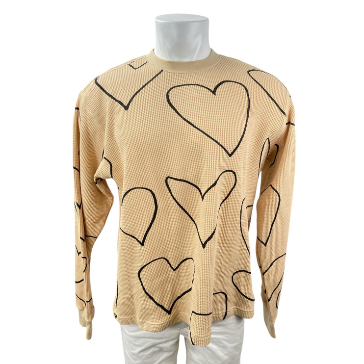 Obey Mens Beige Khaki Hearts Waffle Knit Crewneck Long Sleeve Sweater Top Size L