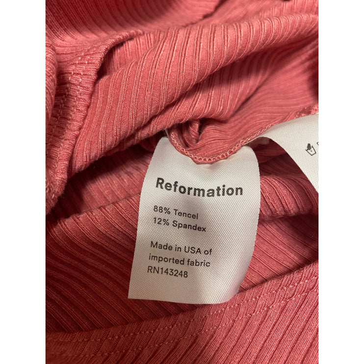Reformation Palo Pink Ribbed Knit Ruffle Short Puff Sleeve Bodysuit Blouse Top S