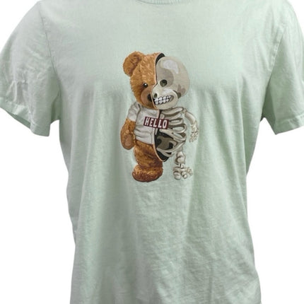 Men's Green Bear Skeleton Skull Graphic Short Sleeve Crew Neck T Shirt Tee Top M