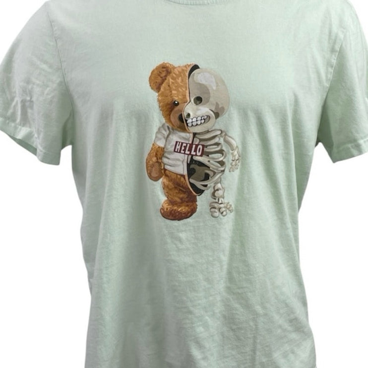 Men's Green Bear Skeleton Skull Graphic Short Sleeve Crew Neck T Shirt Tee Top M