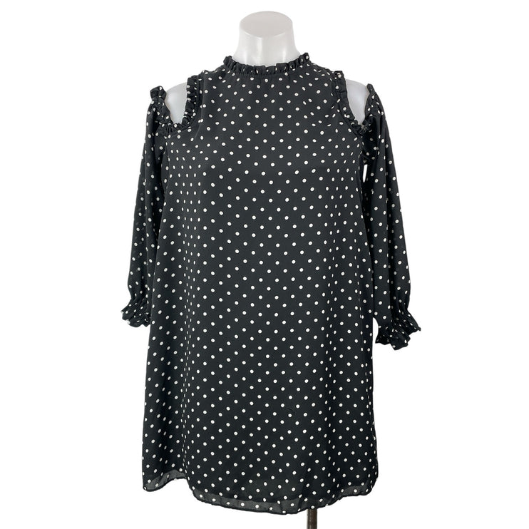 Zara Black Polka Dots Ruffle Long Sleeve Cold Shoulder Mini Shift Dress Size M