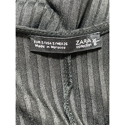 Zara Black Short Sleeve V Neck Ribbed Knit Pencil Midi Bodycon Dress Size S