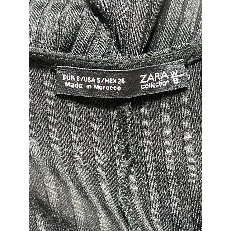 Zara Black Short Sleeve V Neck Ribbed Knit Pencil Midi Bodycon Dress Size S