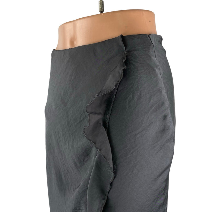 Forgotten Grace Gray Silk Satin High Waist Ruffle Pencil Flare Midi Skirt Sz XS