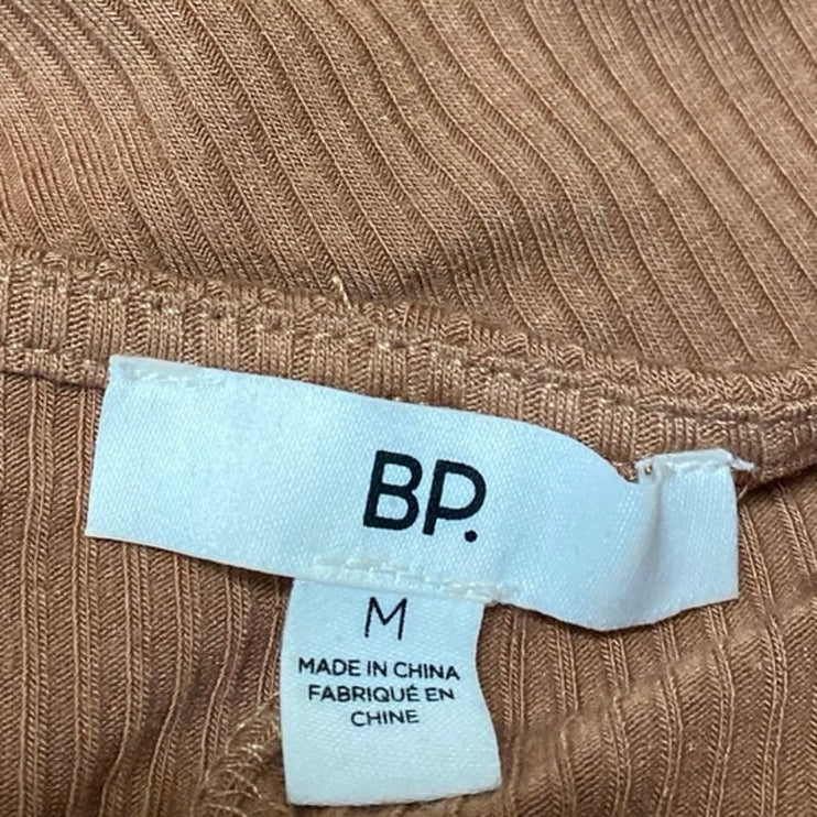 BP. Brown Short Sleeve Ribbed Knit Tie Ruched Lettuce Mini A Line Dress Size M